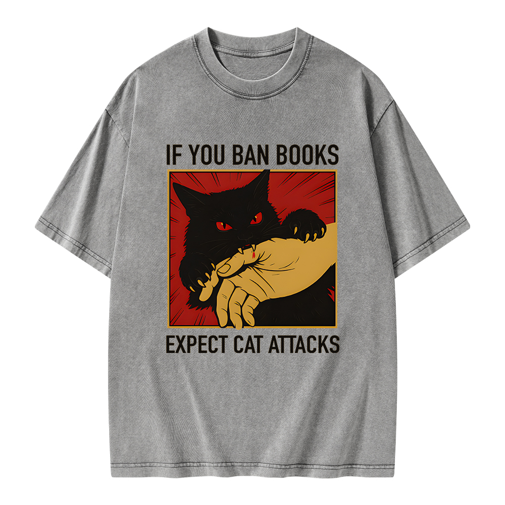 Pagewings If You Ban Books Expect Cat Attacks Unisex Washed T-shirt