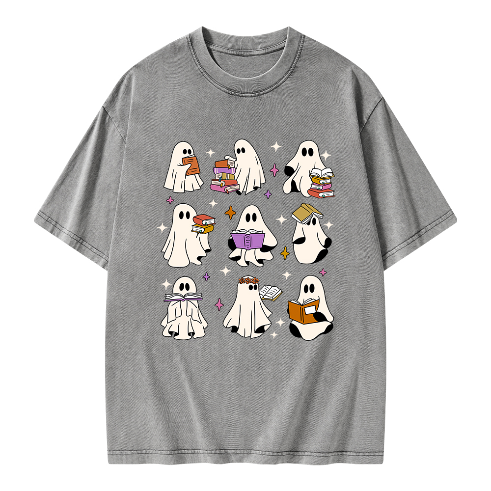 Pagewings Ghost Reading Books Unisex Washed T-shirt