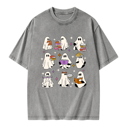 Pagewings Ghost Reading Books Unisex Washed T-shirt