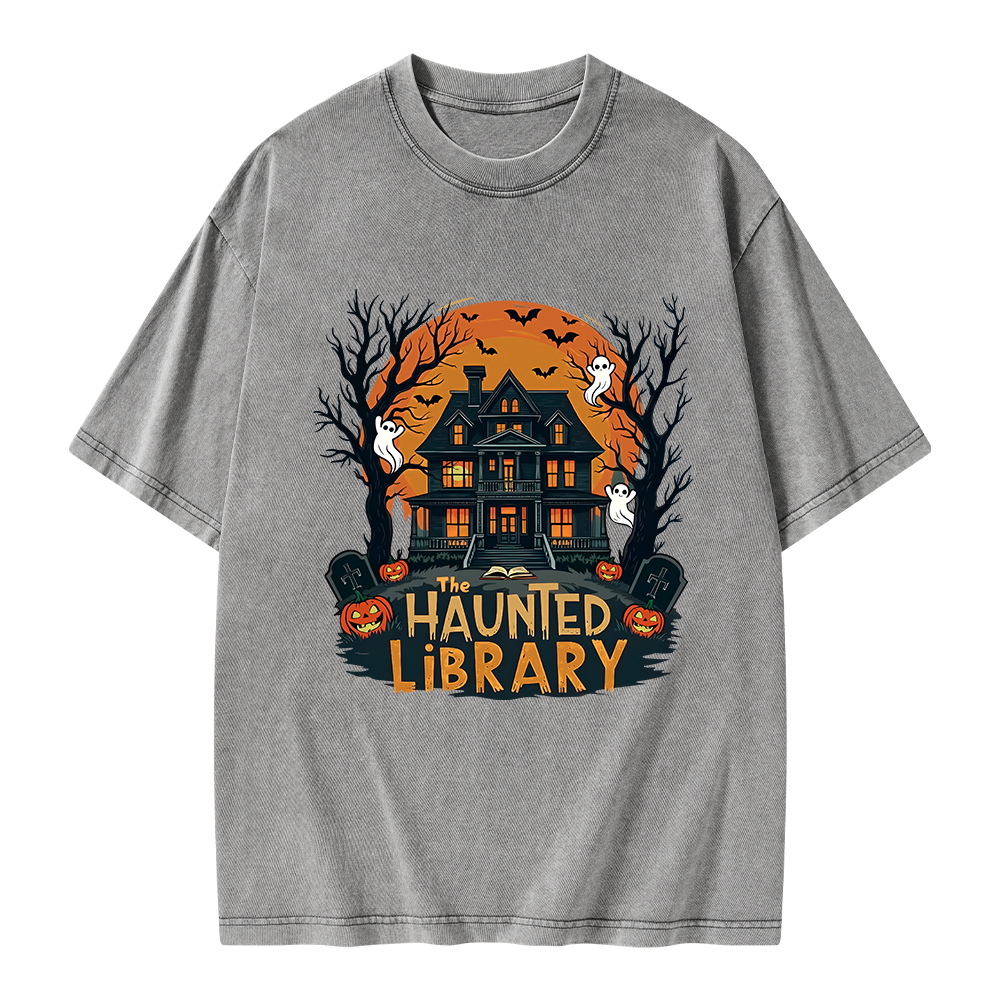 Pagewings Haunted Library Halloween Unisex Washed T-shirt