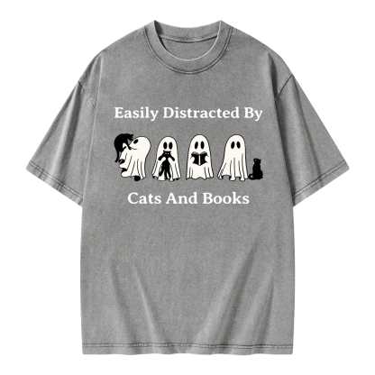 Pagewings Easily Distracted By Cats And Books Unisex Washed T-shirt