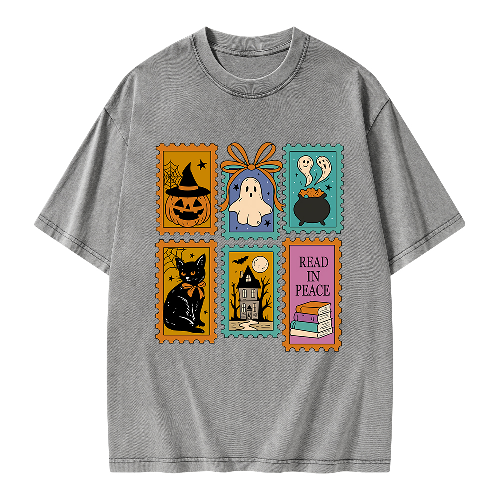 Pagewings Halloween Cute Ghost Pumpkin Cat Unisex Washed T-shirt