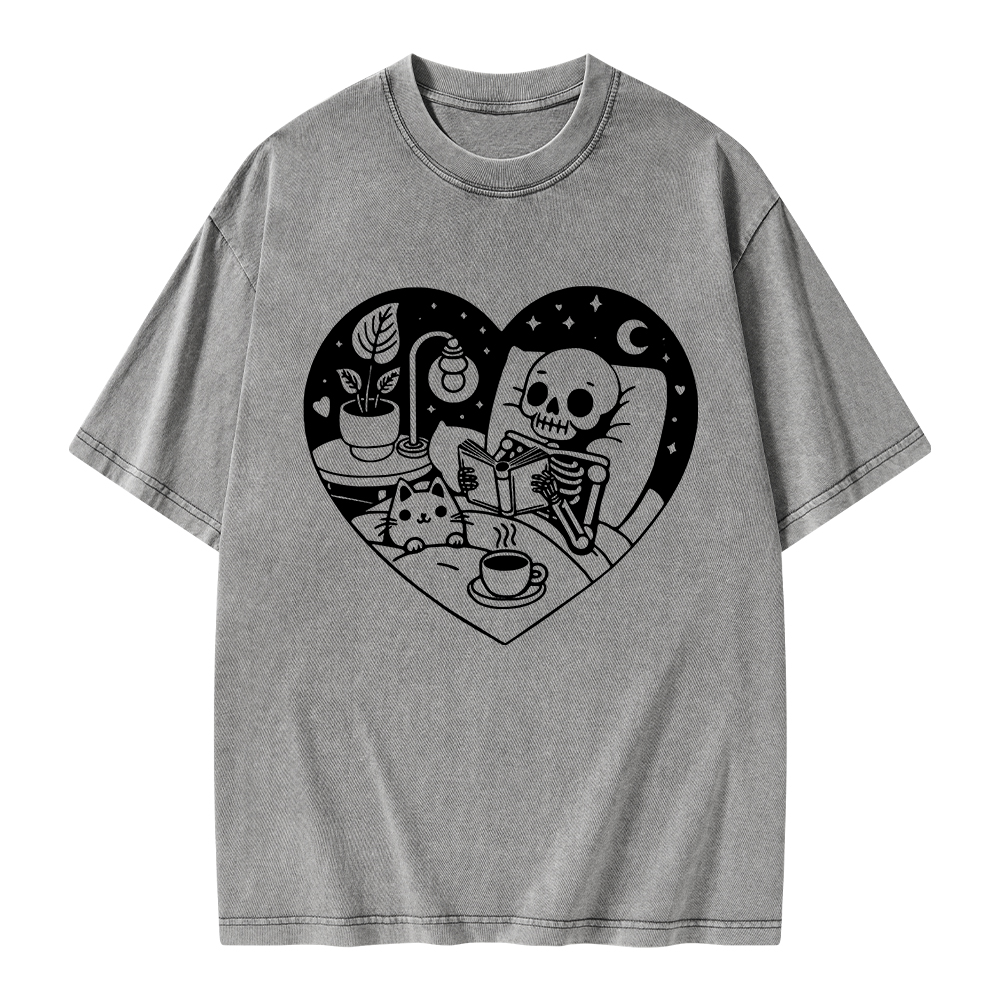 Pagewings Reading Skeleton and Cat Unisex Washed T-shirt
