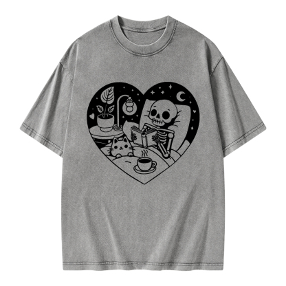 Pagewings Reading Skeleton and Cat Unisex Washed T-shirt