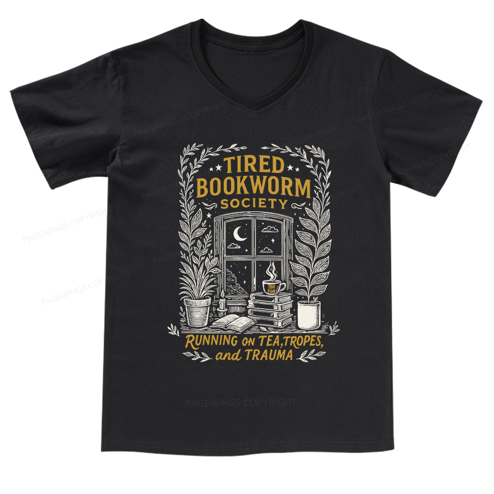 Pagewings Tired Bookworm Society V-neck T-shirt