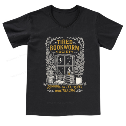 Pagewings Tired Bookworm Society V-neck T-shirt