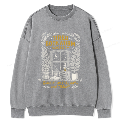 Pagewings Tired Bookworm Society Unisex Washed Sweatshirt
