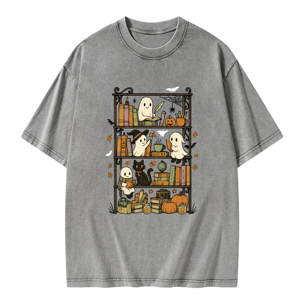 Pagewings Retro Halloween Bookshelf Unisex Washed T-shirt