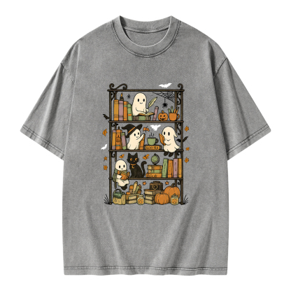 Pagewings Retro Halloween Bookshelf Unisex Washed T-shirt