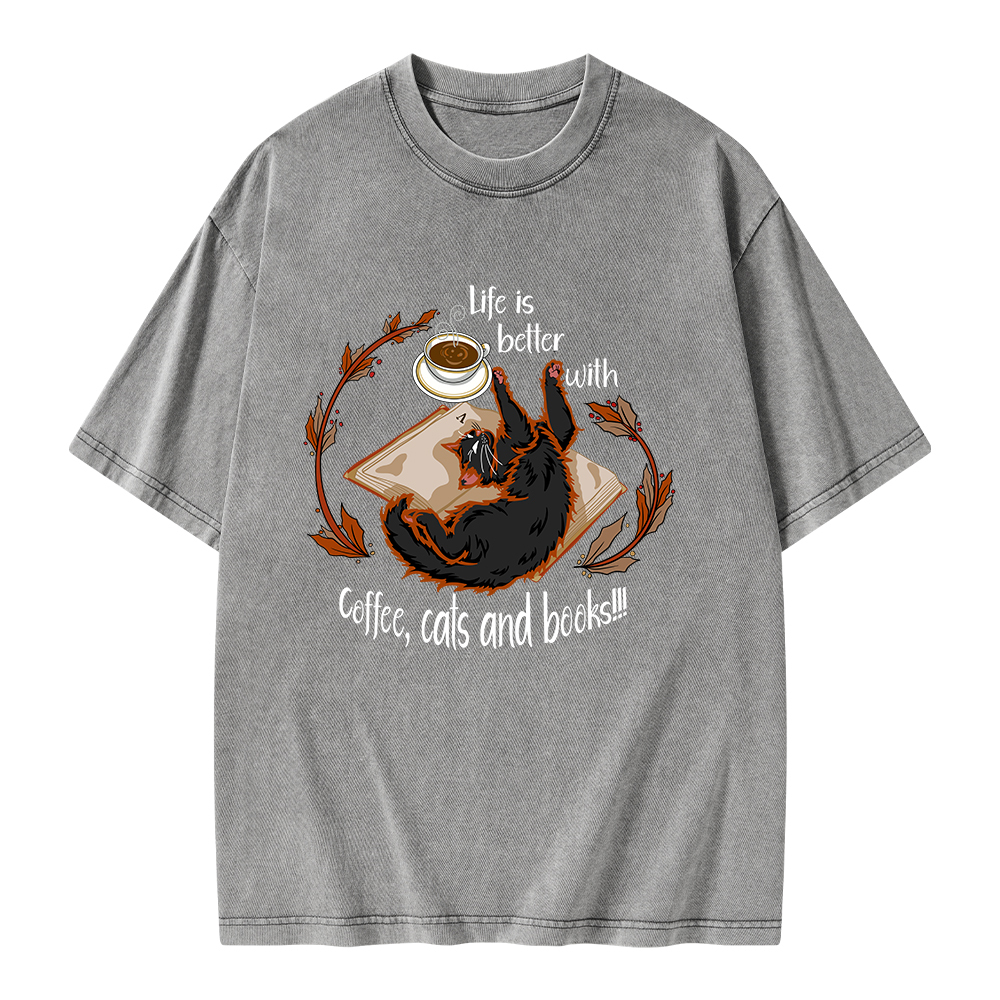 Pagewings Life Is Better With Coffee Cats And Books Unisex Washed T-shirt