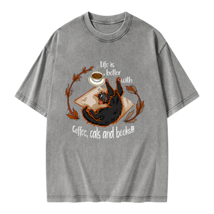 Pagewings Life Is Better With Coffee Cats And Books Unisex Washed T-shirt