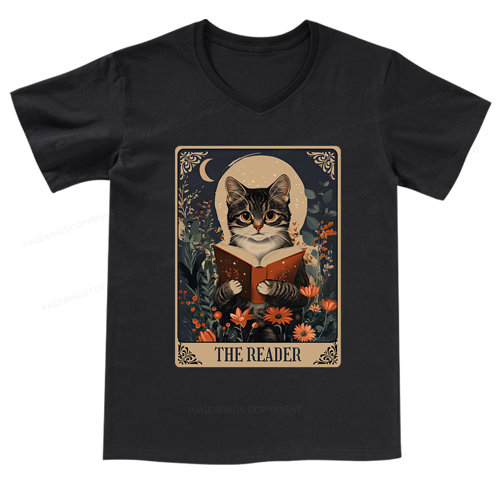 Pagewings The Reader Tarot Card Cat V-neck T-shirt