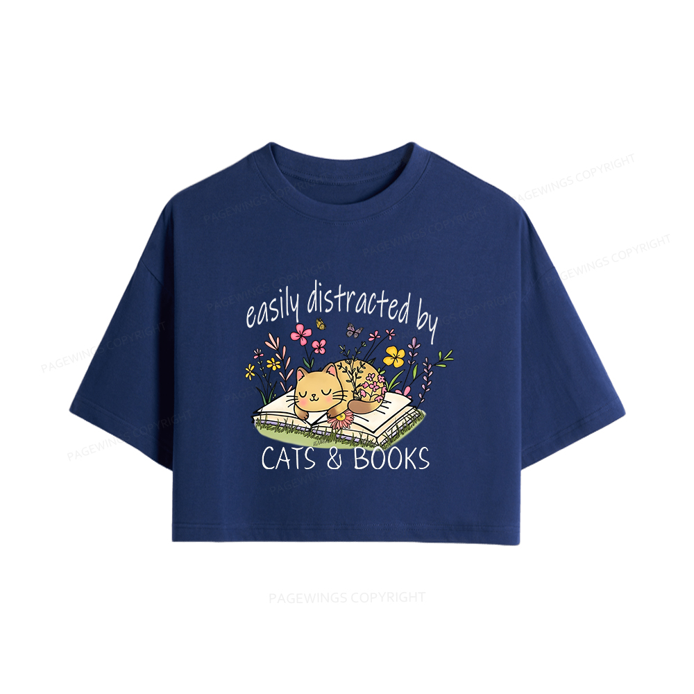 Pagewings Easily Distracted By Cats And Books Women Crop Tops