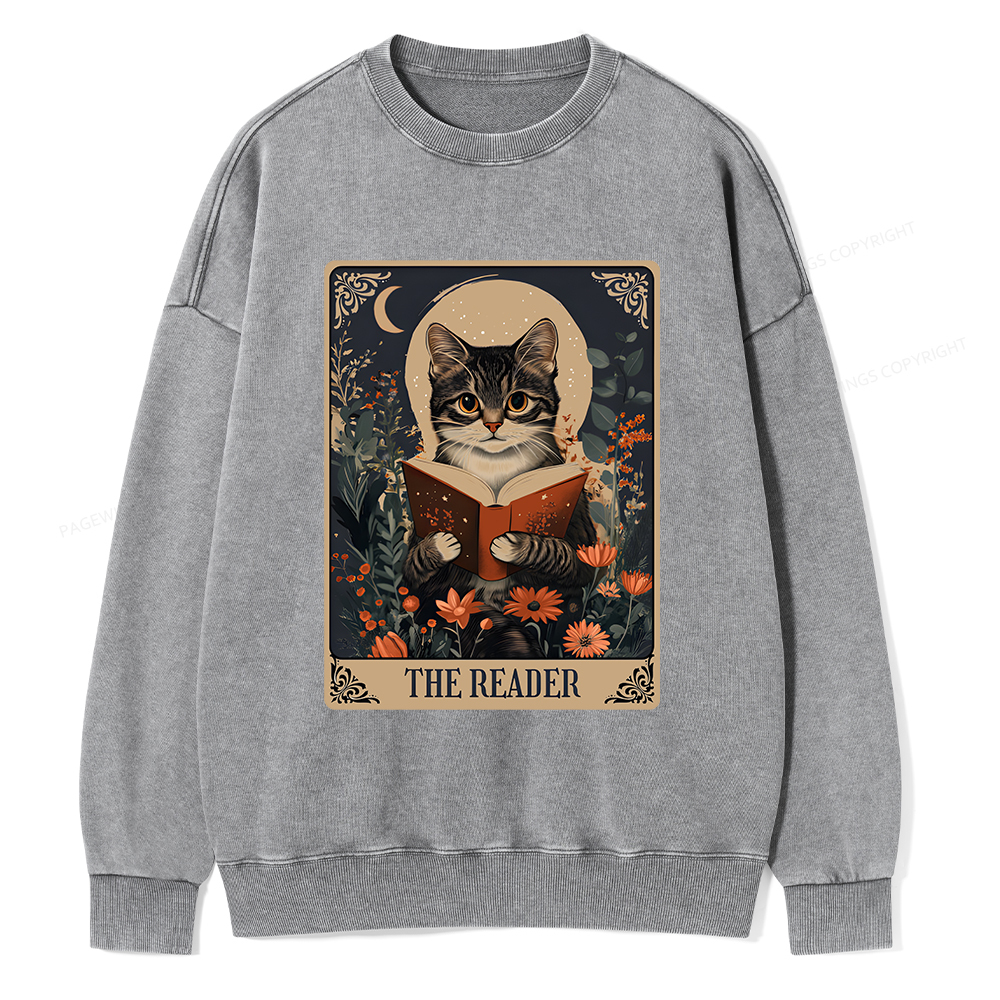 Pagewings The Reader Tarot Card Cat Unisex Washed Sweatshirt