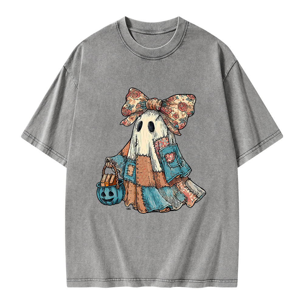 Pagewings Halloween Patchwork Spooky Ghost Buy Books Unisex Washed T-shirt