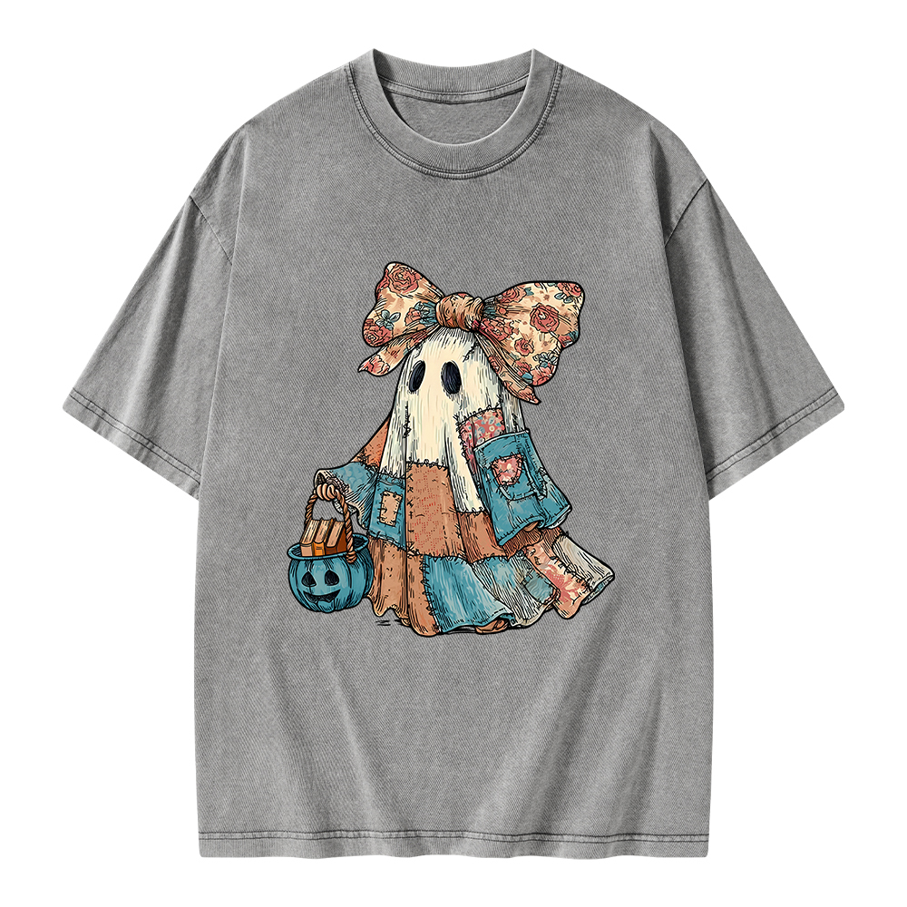 Pagewings Halloween Patchwork Spooky Ghost Buy Books Unisex Washed T-shirt