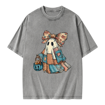 Pagewings Halloween Patchwork Spooky Ghost Buy Books Unisex Washed T-shirt