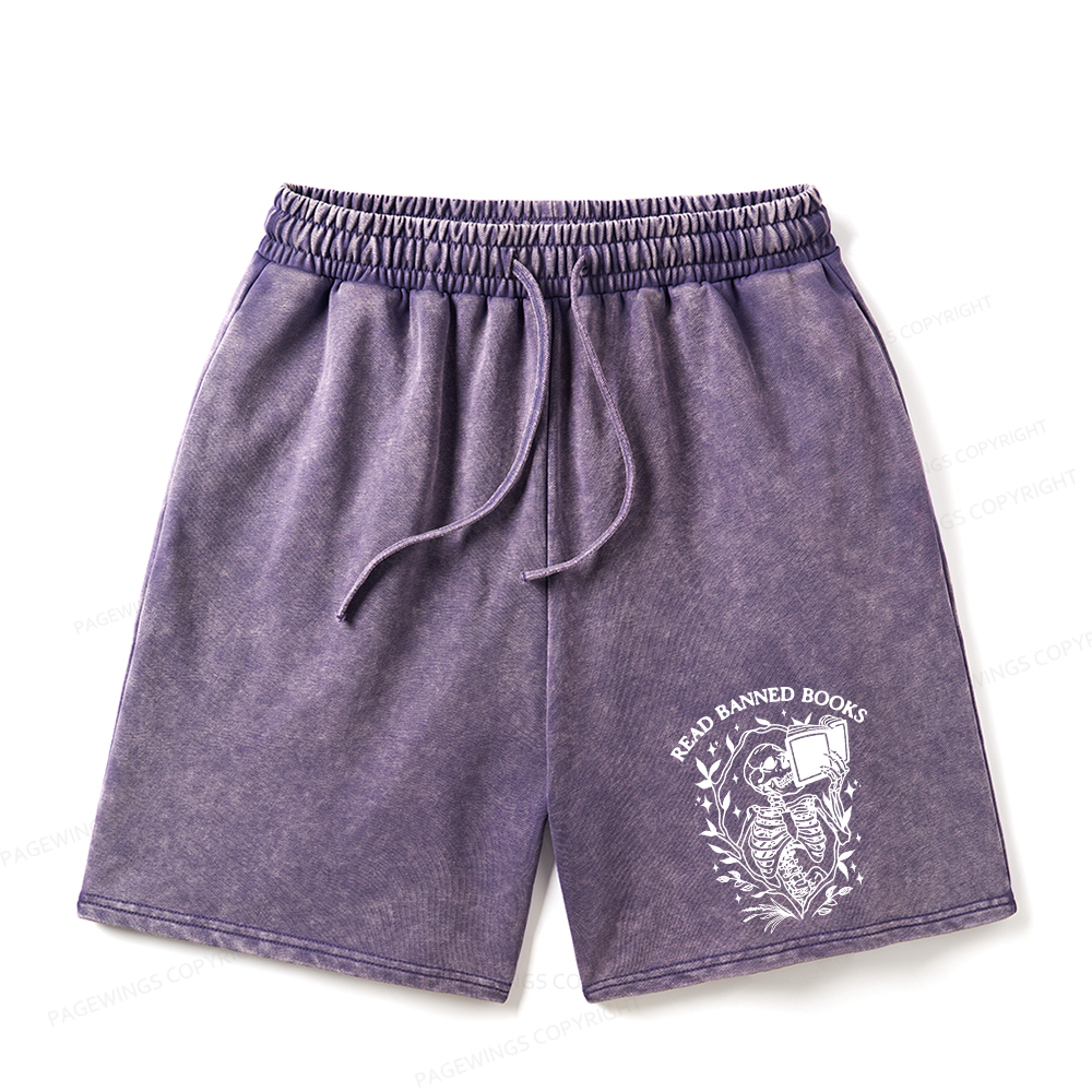 Pagewings Read Banned Books Skeleton Halloween Unisex Washed Shorts