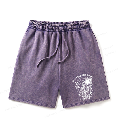 Pagewings Read Banned Books Skeleton Halloween Unisex Washed Shorts