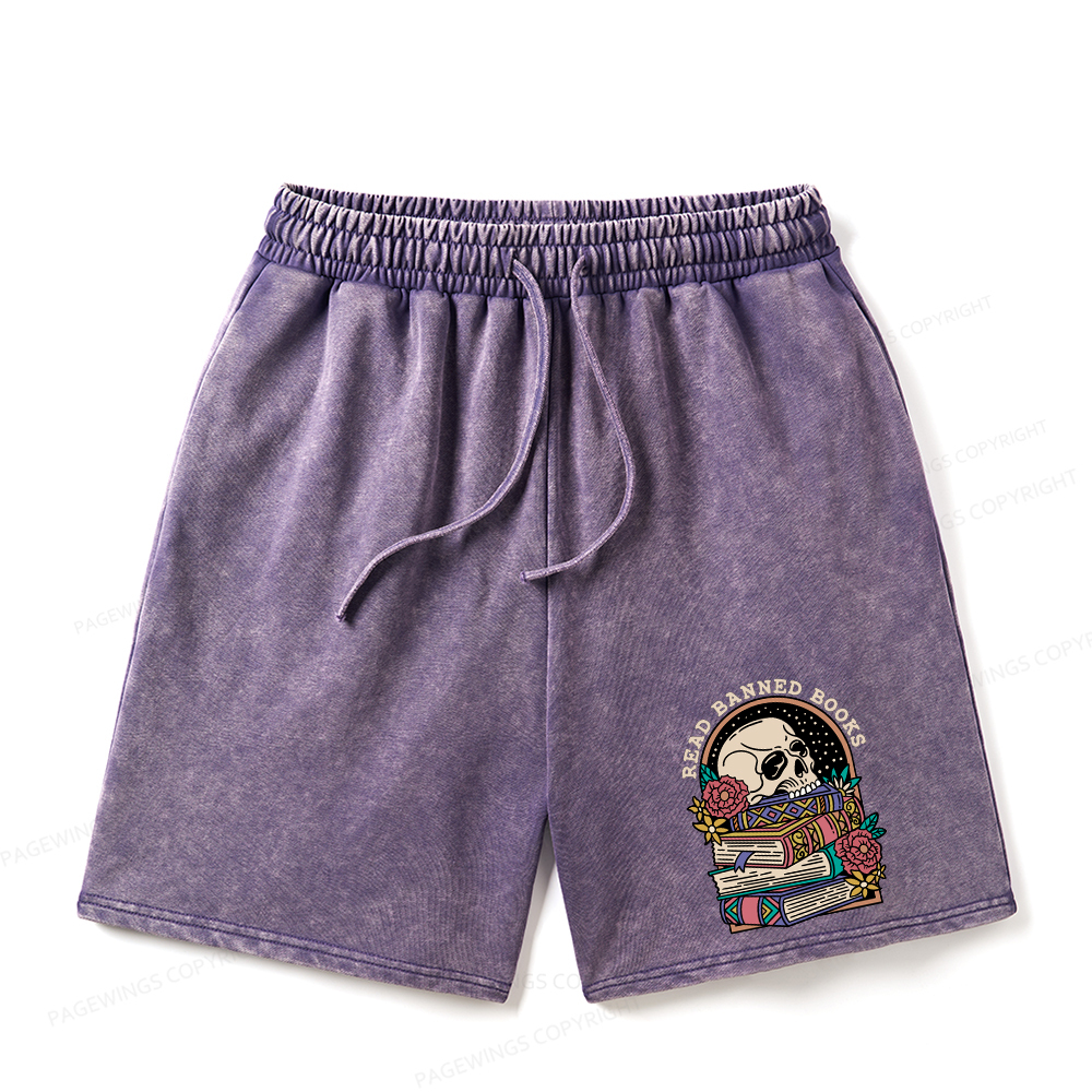 Pagewings Read Banned Book Floral  Unisex Washed Shorts