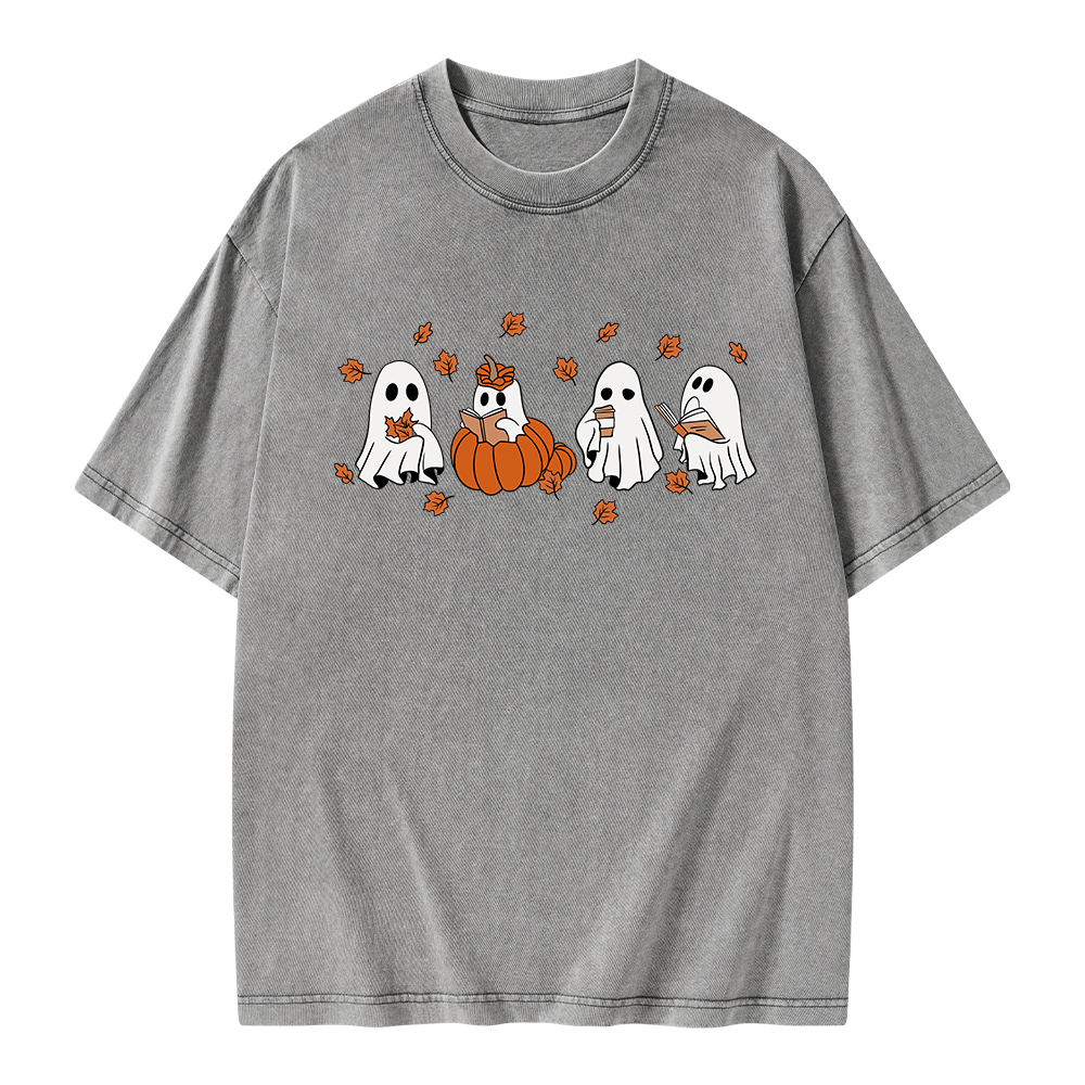 Pagewings Halloween Fall Ghost Reading Books Unisex Washed T-shirt