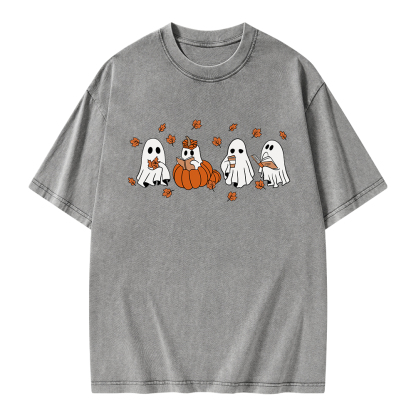 Pagewings Halloween Fall Ghost Reading Books Unisex Washed T-shirt