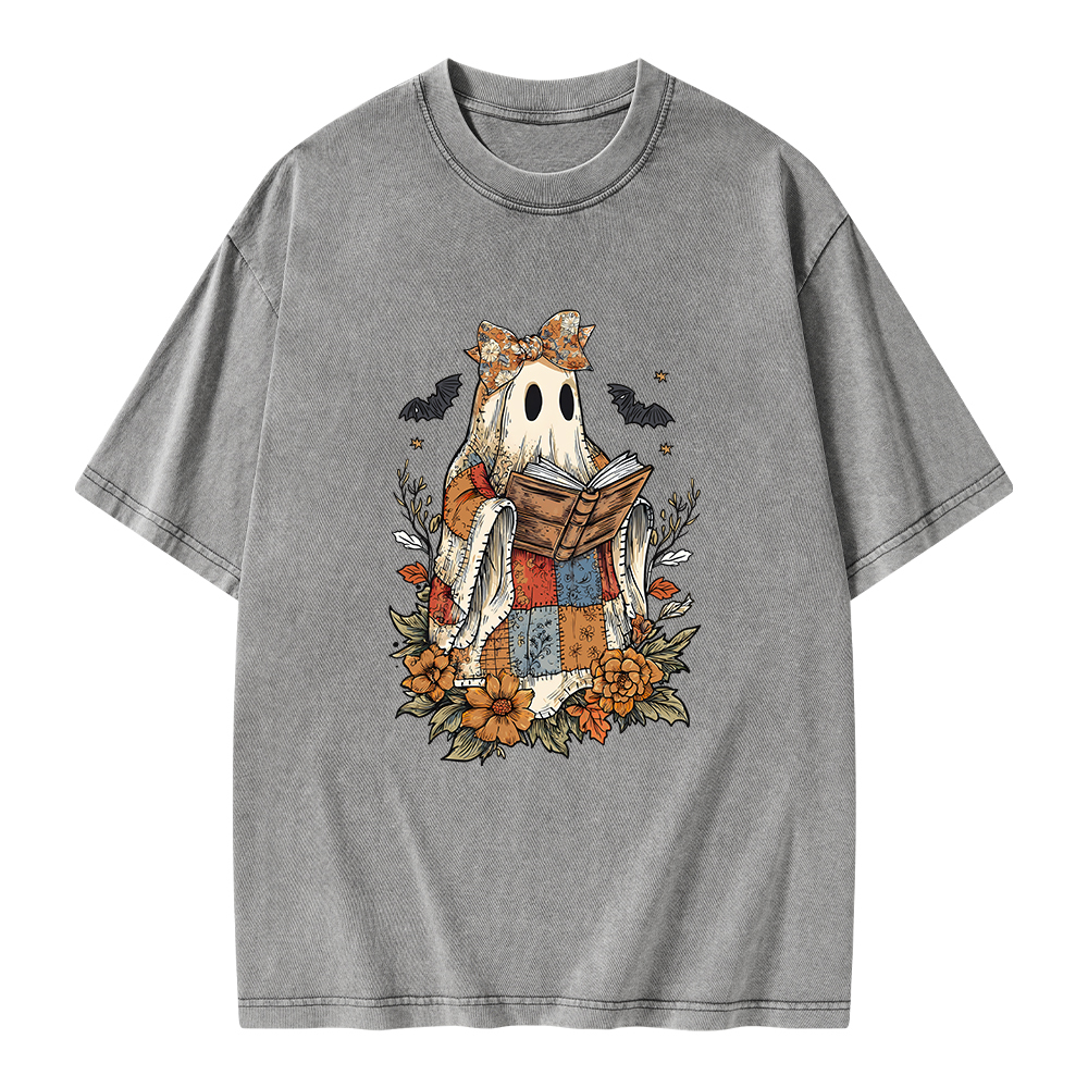 Pagewings Patchwork Ghost Reading Books Unisex Washed T-shirt