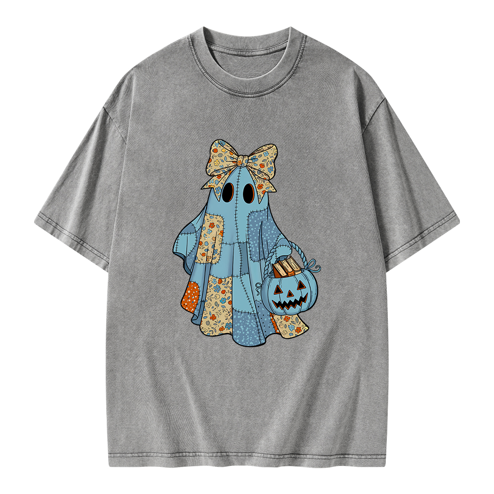 Pagewings Halloween Patchwork Spooky Ghost Reading Books Unisex Washed T-shirt