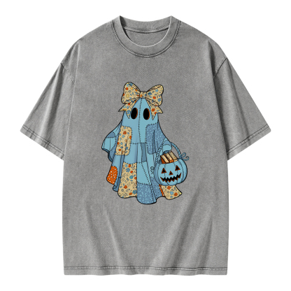 Pagewings Halloween Patchwork Spooky Ghost Reading Books Unisex Washed T-shirt