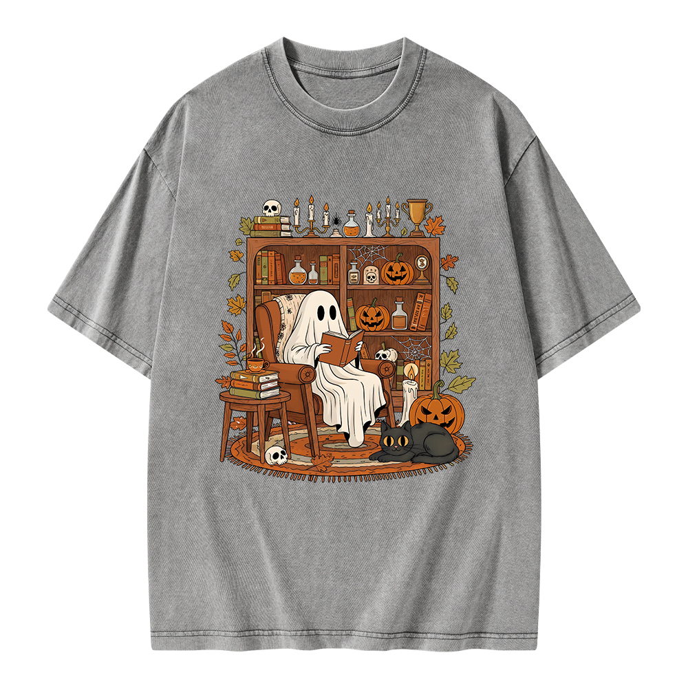 Pagewings Cozy Ghost Reading Halloween Unisex Washed T-shirt