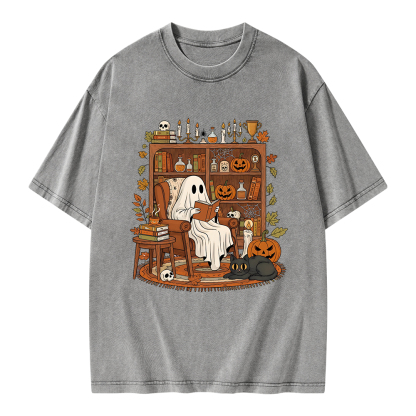 Pagewings Cozy Ghost Reading Halloween Unisex Washed T-shirt