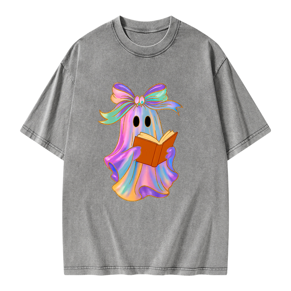 Pagewings Ghost Reading Halloween Unisex Washed T-shirt