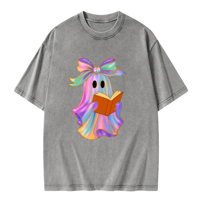 Pagewings Ghost Reading Halloween Unisex Washed T-shirt