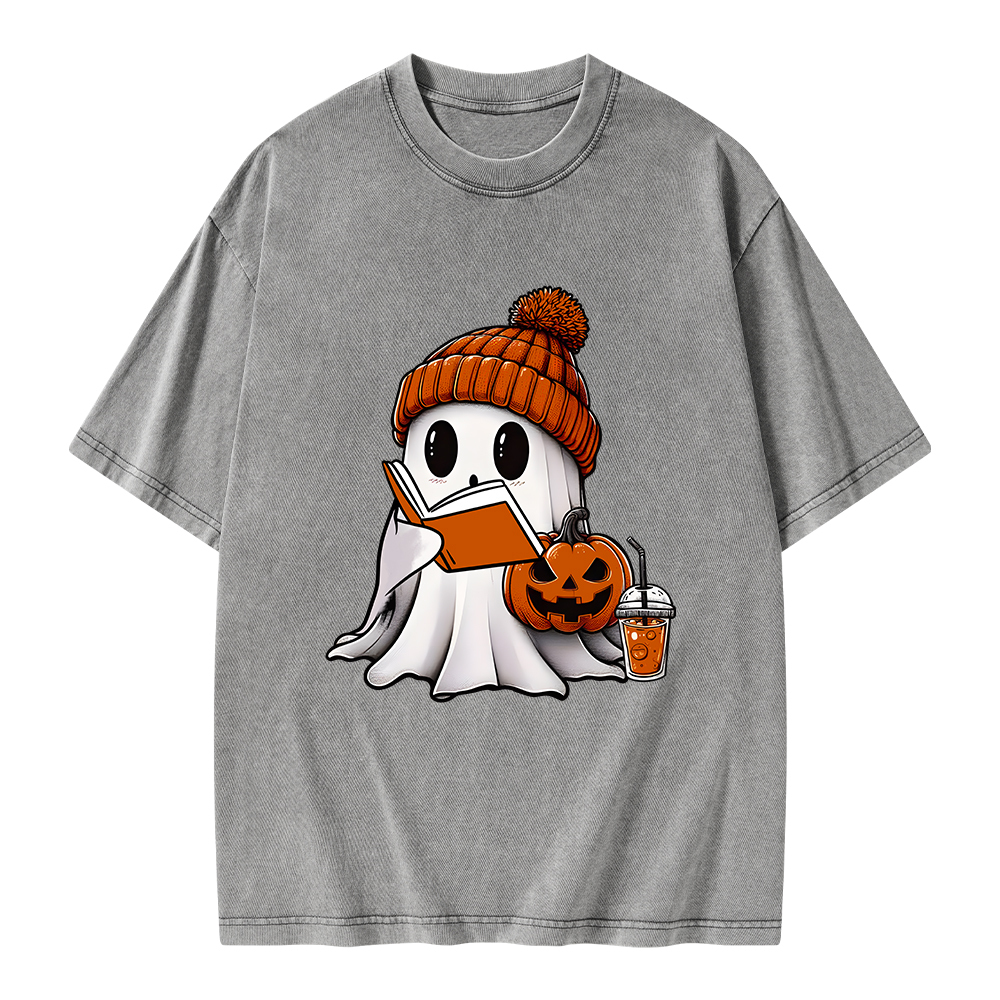 Pagewings Halloween Ghost Book Lover Unisex Washed T-shirt