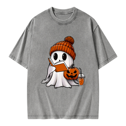Pagewings Halloween Ghost Book Lover Unisex Washed T-shirt