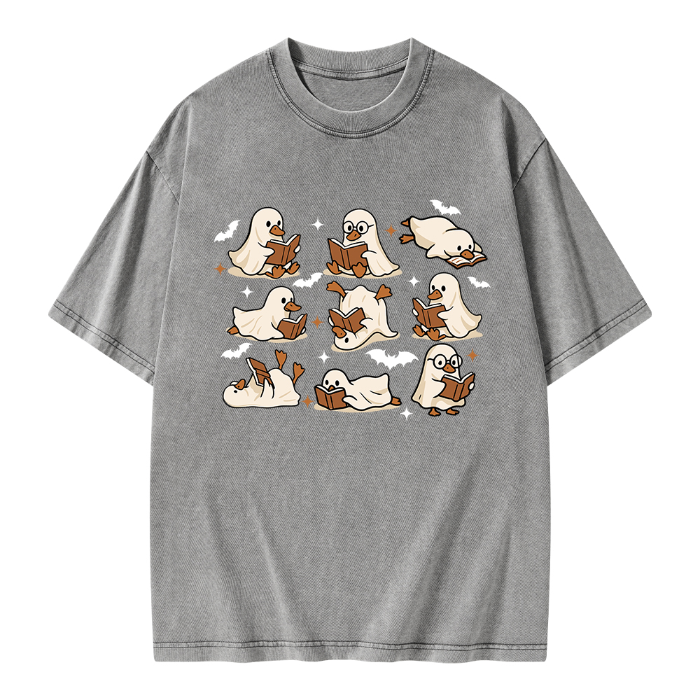 Pagewings Ghost Duck Reading Books Unisex Washed T-shirt
