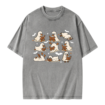 Pagewings Ghost Duck Reading Books Unisex Washed T-shirt