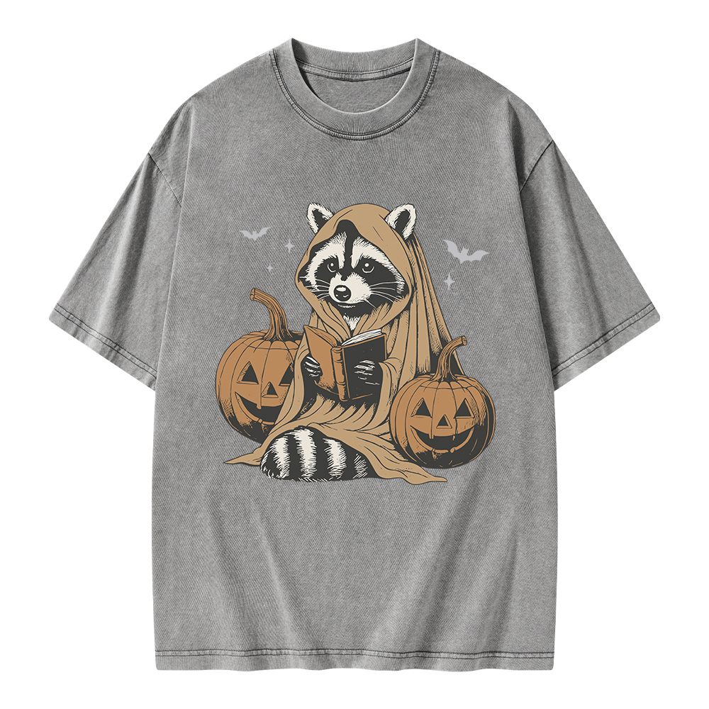 Pagewings Halloween Cute Raccoon Ghost Reading Unisex Washed T-shirt