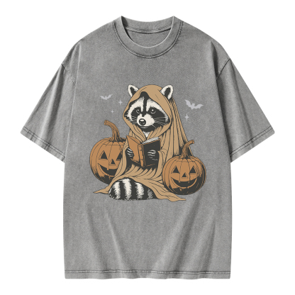 Pagewings Halloween Cute Raccoon Ghost Reading Unisex Washed T-shirt
