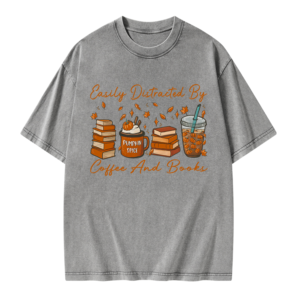 Pagewings Easily Distracted By Coffee And Books Unisex Washed T-shirt