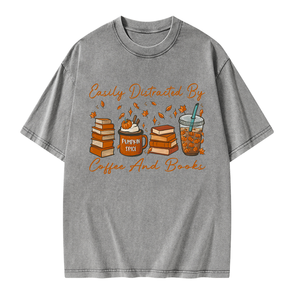 Pagewings Easily Distracted By Coffee And Books Unisex Washed T-shirt