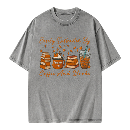 Pagewings Easily Distracted By Coffee And Books Unisex Washed T-shirt