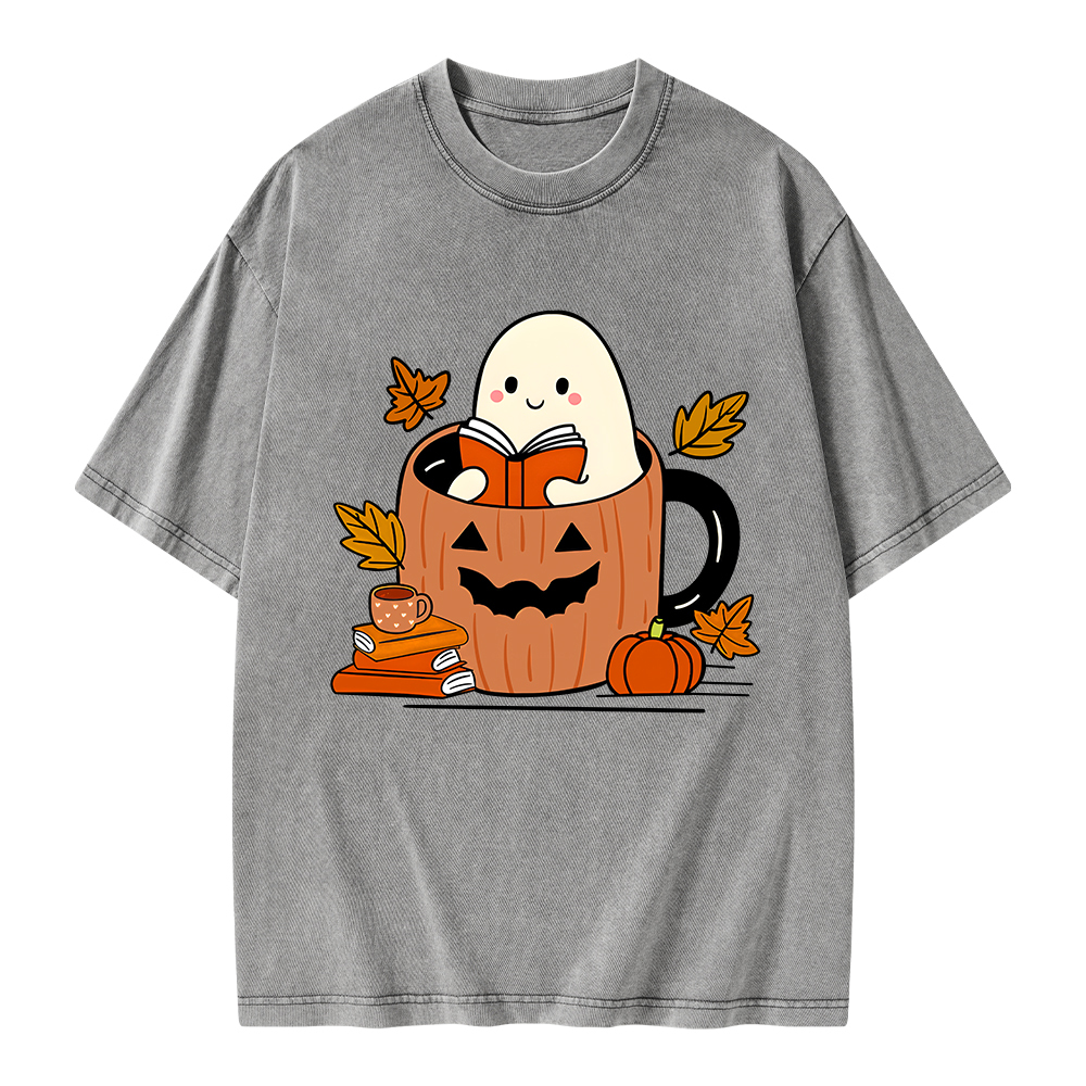 Pagewings Ghost Reading Books Unisex Washed T-shirt