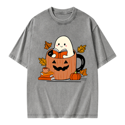 Pagewings Ghost Reading Books Unisex Washed T-shirt