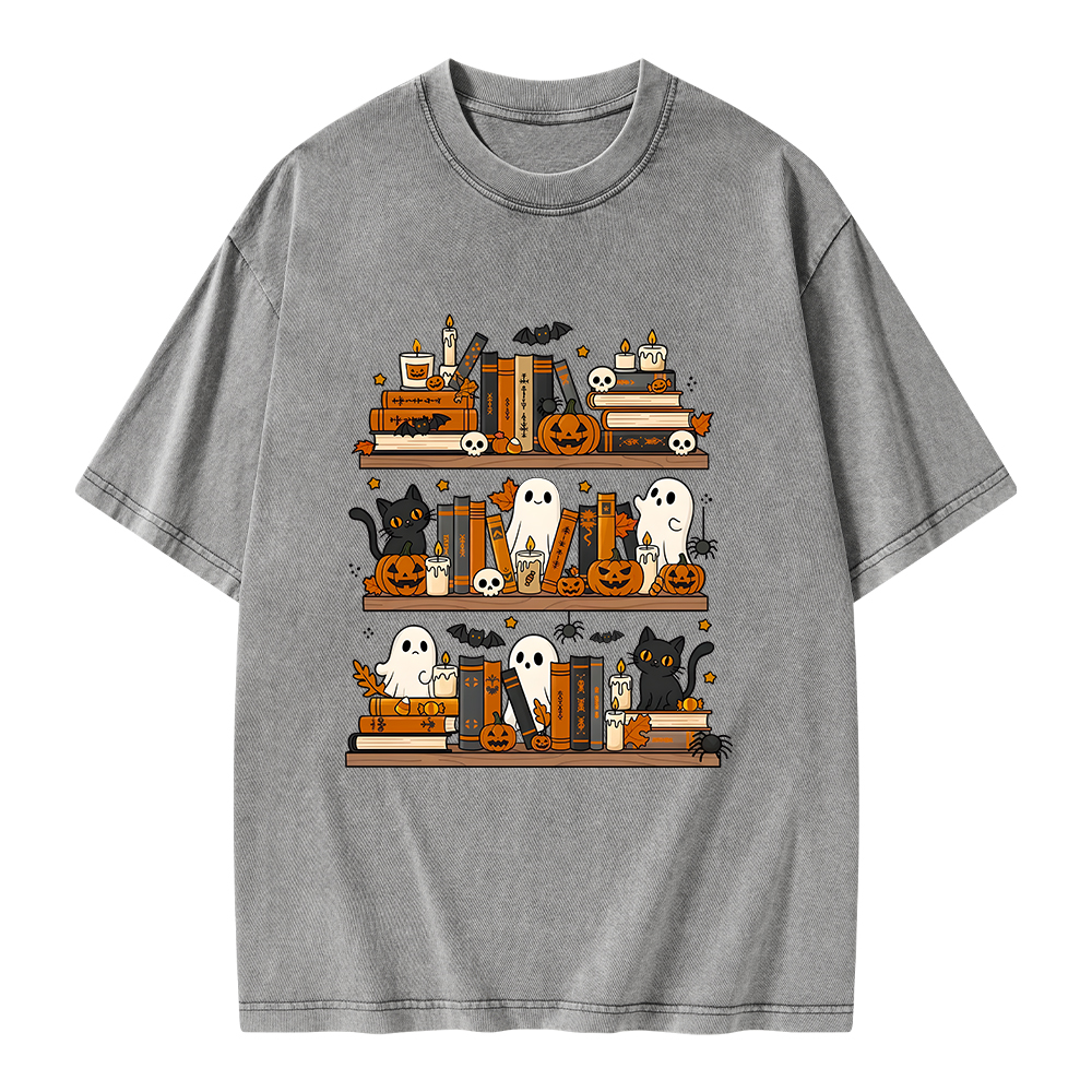 Pagewings Spooky Bookshelf Unisex Washed T-shirt