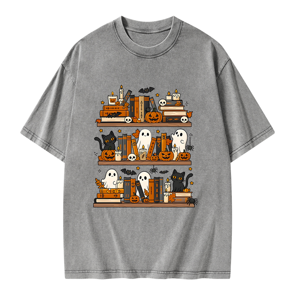 Pagewings Spooky Bookshelf Unisex Washed T-shirt