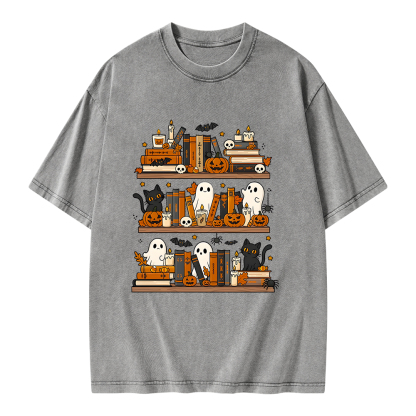 Pagewings Spooky Bookshelf Unisex Washed T-shirt