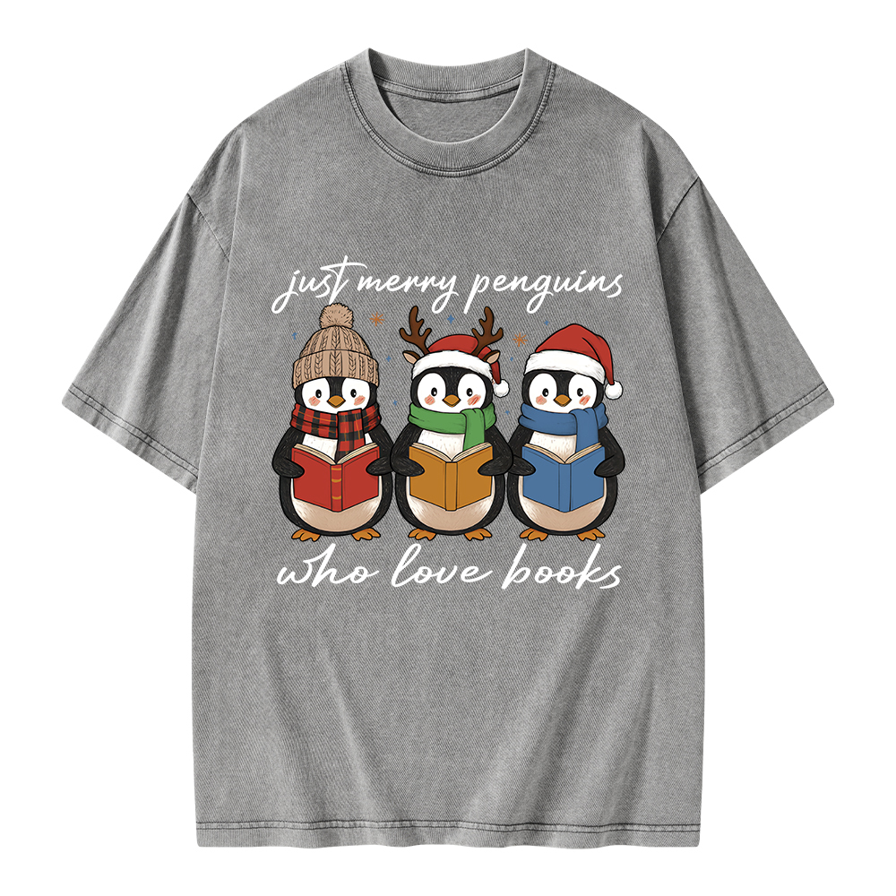 Pagewings Just Merry Penguins Who Love Books Unisex Washed T-shirt