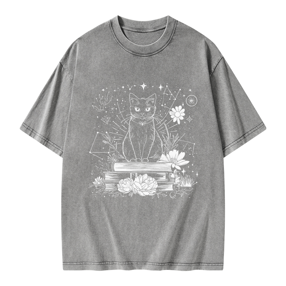 Pagewings Black Cat Book Lover Unisex Washed T-shirt
