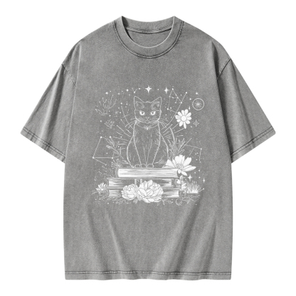 Pagewings Black Cat Book Lover Unisex Washed T-shirt